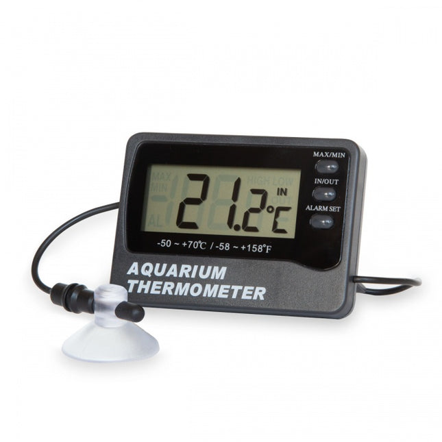 Aquarium thermometer with water and room temperature sensors