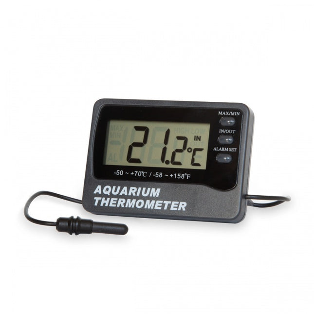 Aquarium thermometer with water and room temperature sensors