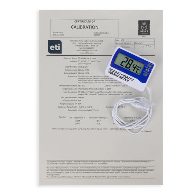 Refrigerator thermometer with calibration certificate